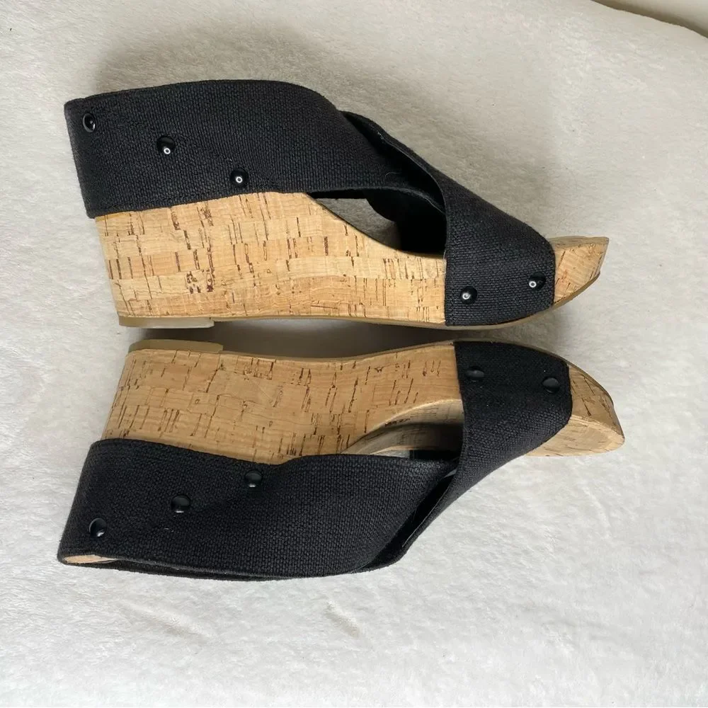 Lucky Brand Miller 2 Sandals Fabric Wedge Cork Heel Crisscross Black Size 9